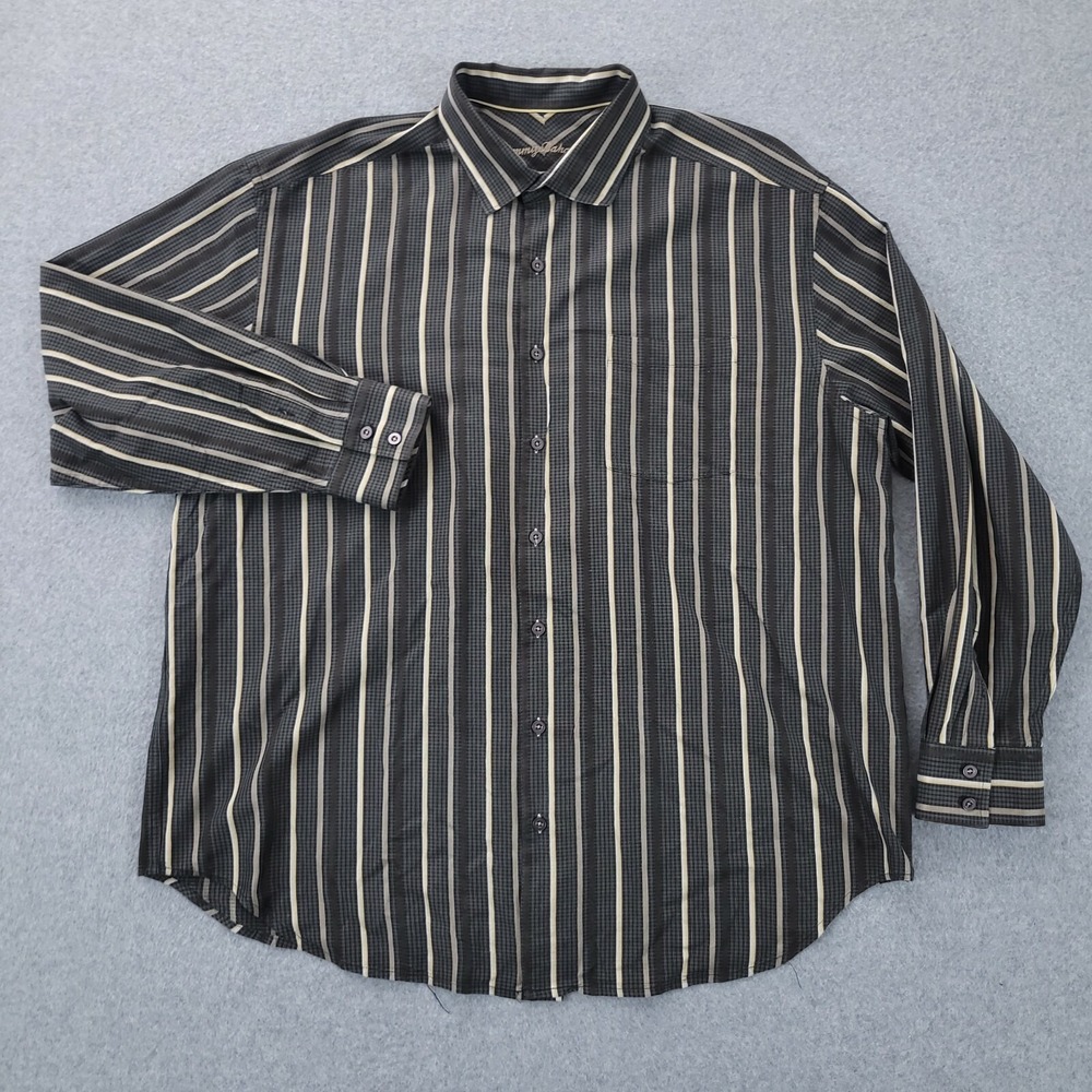 Tommy Bahama Silk Button Up Shirt 1XB Long Sleeve Black Striped Mens